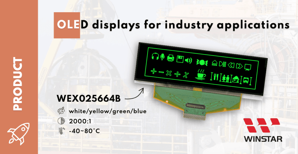 Introducing the versatile WEX025664B Series by Winstar OLED display for industrial applications, featuring options in white, yellow, green, and blue with impressive contrast ratio and wide temperature range.