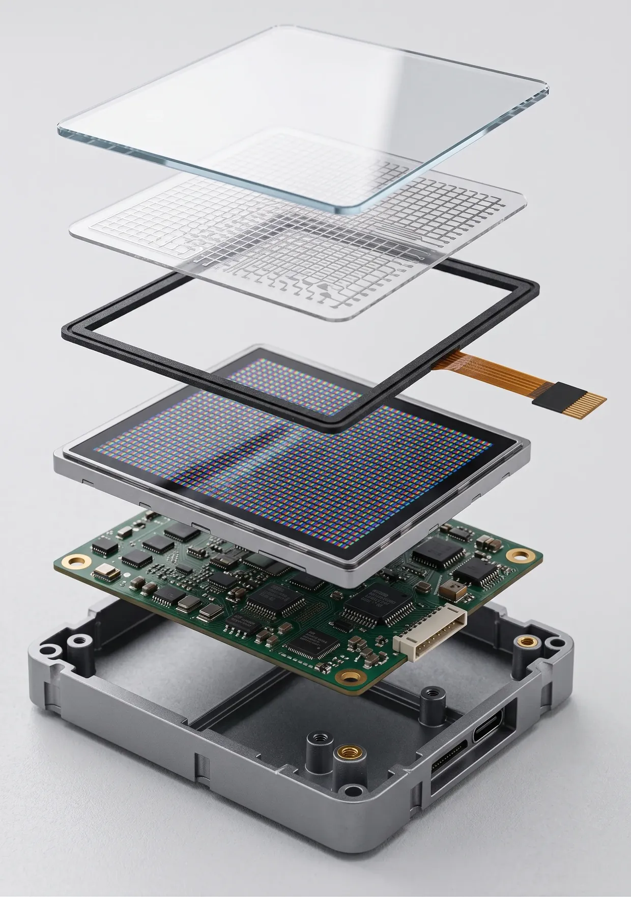 Exploded view of a customized display module – cover glass, optical bonding, touch panel, display, electronics and housing