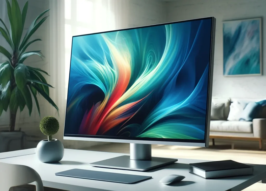 DALL-E -- - Zdjęcie w wysokiej rozdzielczości eleganckiego, nowoczesnego monitora LCD z wąską ramką, umieszczonego na minimalistycznym białym biurku,