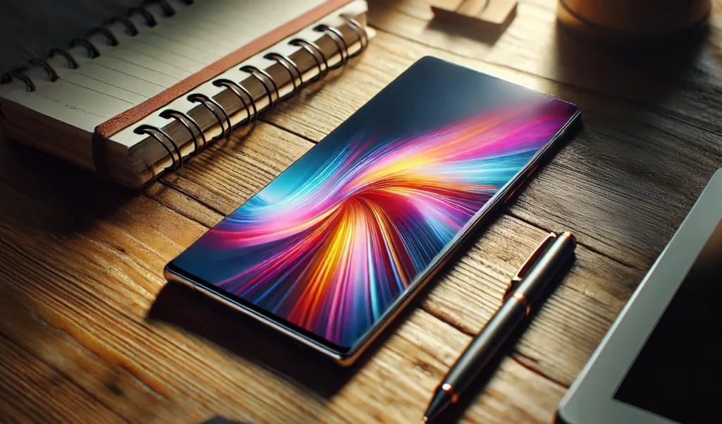 DALL-E -- - Zdjęcie w wysokiej rozdzielczości eleganckiego, nowoczesnego smartfona z wyświetlaczem od krawędzi do krawędzi, leżącego na drewnianym stole.