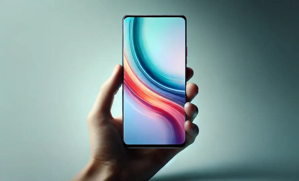 DALL-E -- - Zbliżenie eleganckiego, nowoczesnego smartfona, trzymanego w dłoni na minimalistycznym tle Smartfon ma duży, sięgający od krawędzi do krawędzi wyświetlacz.