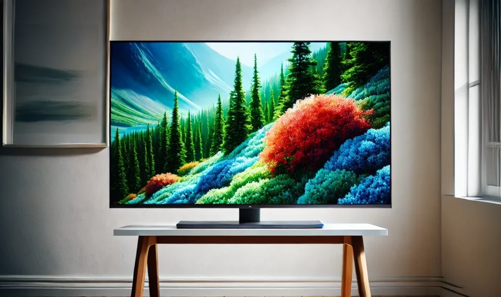 DALL-E -- - Zbliżenie dużego ekranu LCD wyświetlającego żywe kolory i ostre obrazy Ekran jest zamontowany na nowoczesnym, minimalistycznym stojaku na tle